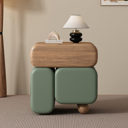 Contemporary Nordic Geometric Solid Wood Cat Scratch-Resistant Leather Nightstand 3-Drawer For Bedroom