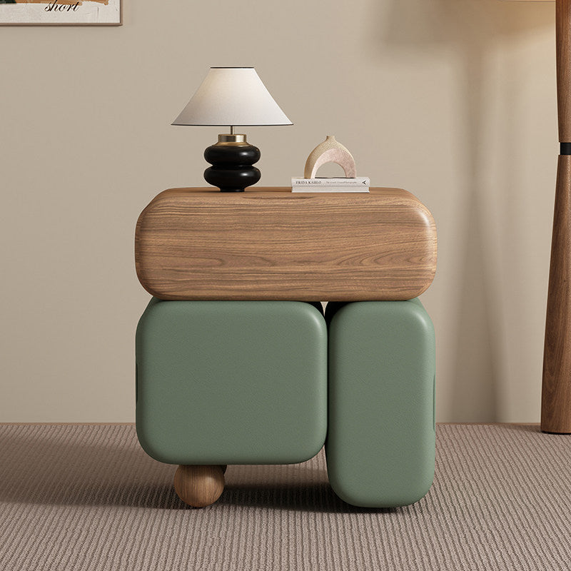 Contemporary Nordic Geometric Solid Wood Cat Scratch-Resistant Leather Nightstand 3-Drawer For Bedroom