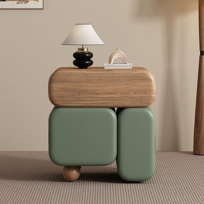 Contemporary Nordic Geometric Solid Wood Cat Scratch-Resistant Leather Nightstand 3-Drawer For Bedroom