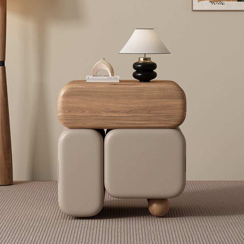 Contemporary Nordic Geometric Solid Wood Cat Scratch-Resistant Leather Nightstand 3-Drawer For Bedroom