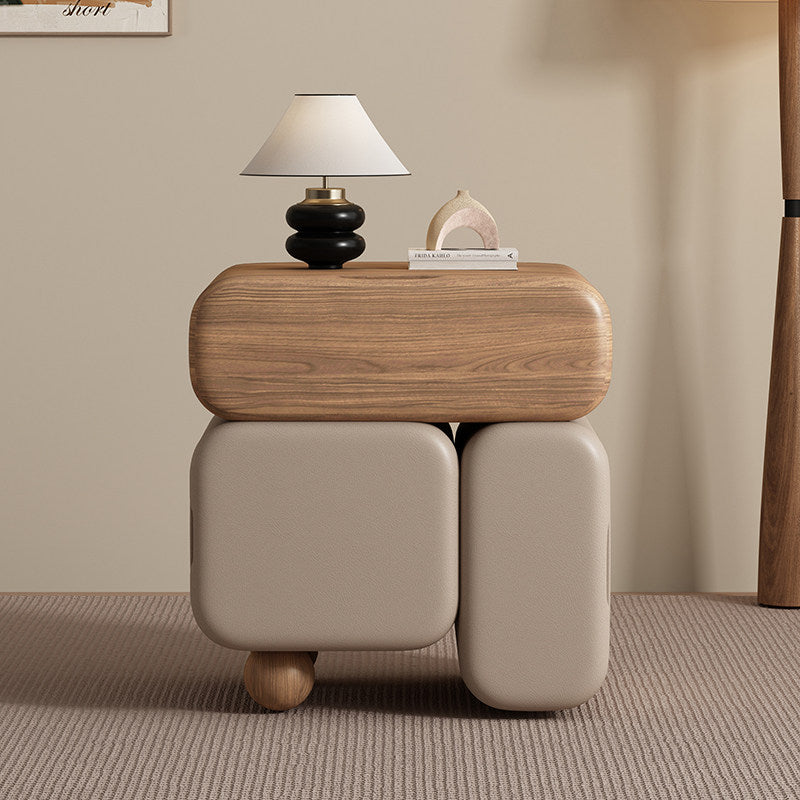 Contemporary Nordic Geometric Solid Wood Cat Scratch-Resistant Leather Nightstand 3-Drawer For Bedroom