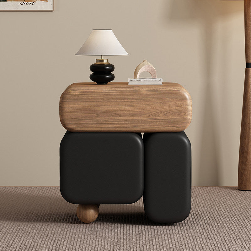 Contemporary Nordic Geometric Solid Wood Cat Scratch-Resistant Leather Nightstand 3-Drawer For Bedroom