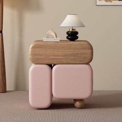 Contemporary Nordic Geometric Solid Wood Cat Scratch-Resistant Leather Nightstand 3-Drawer For Bedroom