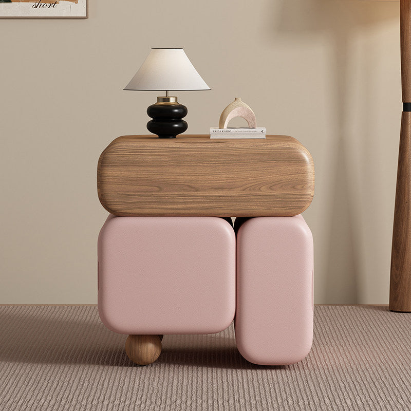 Contemporary Nordic Geometric Solid Wood Cat Scratch-Resistant Leather Nightstand 3-Drawer For Bedroom