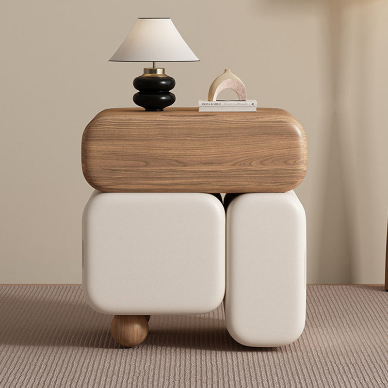 Contemporary Nordic Geometric Solid Wood Cat Scratch-Resistant Leather Nightstand 3-Drawer For Bedroom