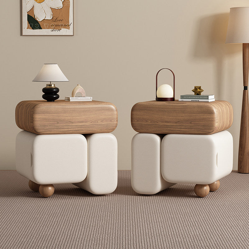 Contemporary Nordic Geometric Solid Wood Cat Scratch-Resistant Leather Nightstand 3-Drawer For Bedroom