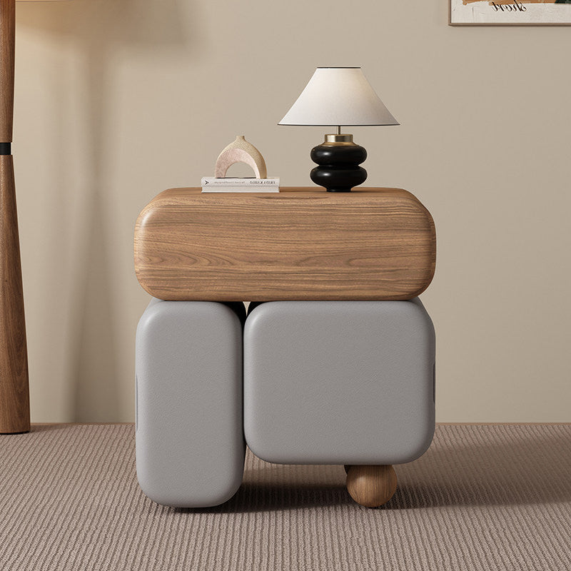 Contemporary Nordic Geometric Solid Wood Cat Scratch-Resistant Leather Nightstand 3-Drawer For Bedroom