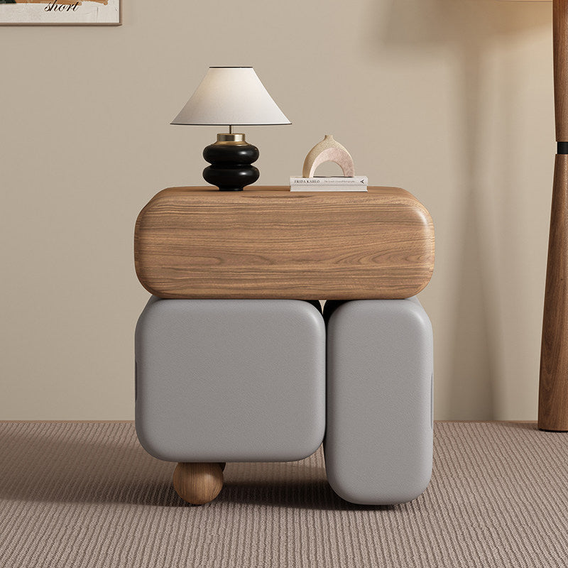 Contemporary Nordic Geometric Solid Wood Cat Scratch-Resistant Leather Nightstand 3-Drawer For Bedroom