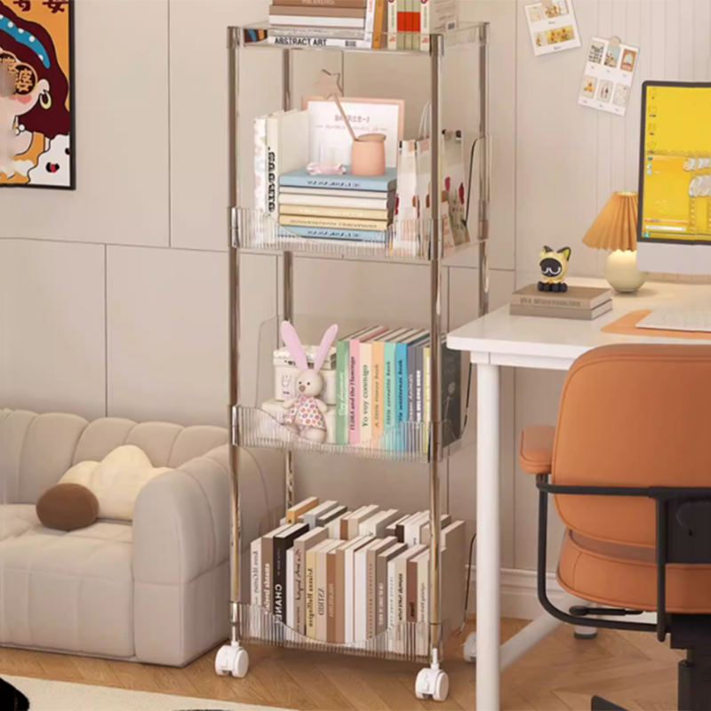 Modern Minimalist Rectangular PET Plastic Stainless Steel Movable Storage Shelf 2/3/4-Tier For Living Room