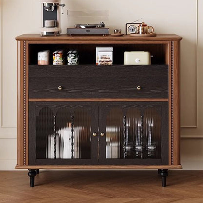 Traditional Vintage Rubberwood Striped Glass Pine Wood Solid Wood Multi-Layer Board Rectangular Sideboard 1-Drawer For Dining Room