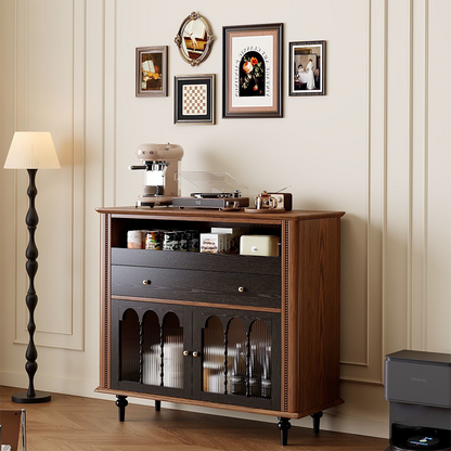 Traditional Vintage Rubberwood Striped Glass Pine Wood Solid Wood Multi-Layer Board Rectangular Sideboard 1-Drawer For Dining Room