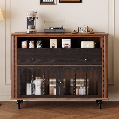 Traditional Vintage Rubberwood Striped Glass Pine Wood Solid Wood Multi-Layer Board Rectangular Sideboard 1-Drawer For Dining Room