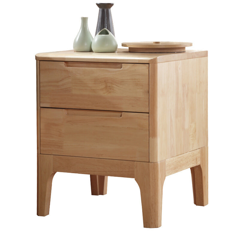 Modern Minimalist Solid Rubberwood Rectangular Nightstand 2-Drawers For Bedroom