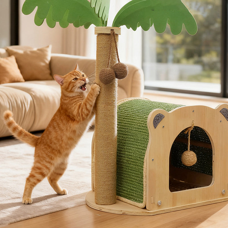 Traditional Rustic Multi-layer Board Sisal Rope Coconut Tree Cat Tower 1-Cabinet For Living Room