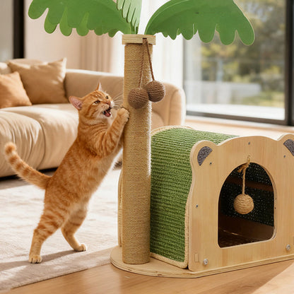 Traditional Rustic Multi-layer Board Sisal Rope Coconut Tree Cat Tower 1-Cabinet For Living Room