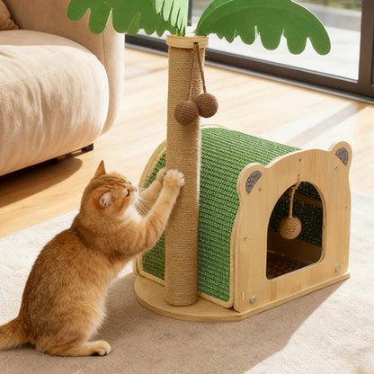 Traditional Rustic Multi-layer Board Sisal Rope Coconut Tree Cat Tower 1-Cabinet For Living Room