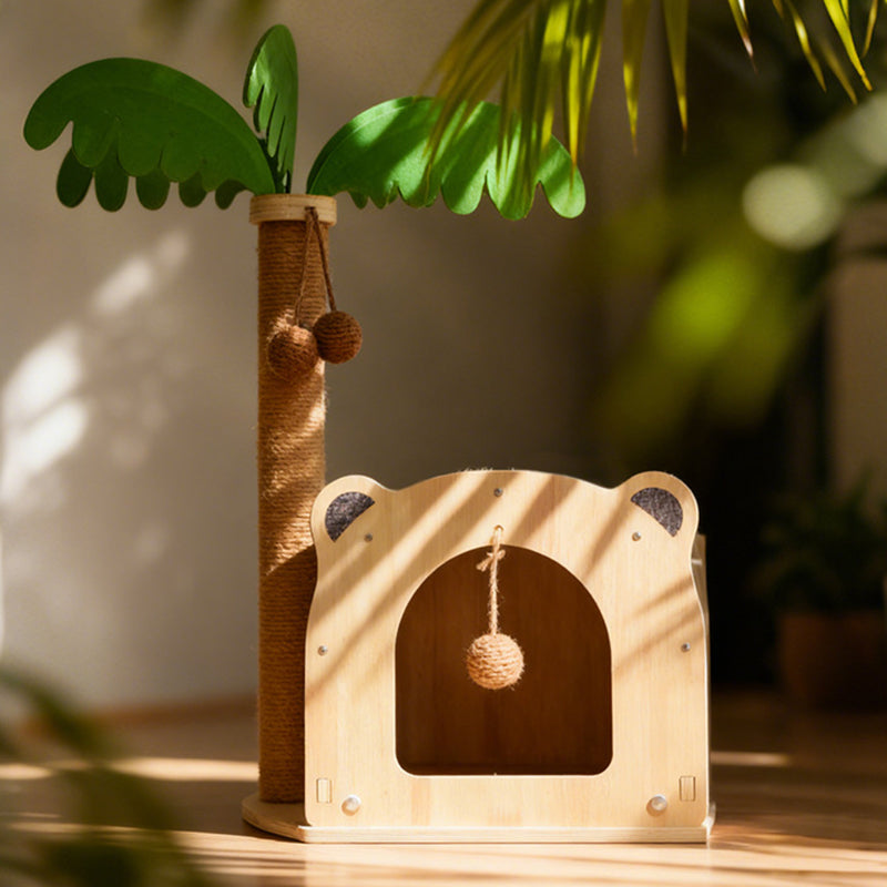 Traditional Rustic Multi-layer Board Sisal Rope Coconut Tree Cat Tower 1-Cabinet For Living Room