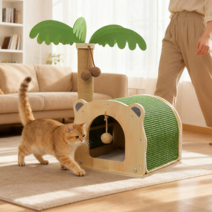 Traditional Rustic Multi-layer Board Sisal Rope Coconut Tree Cat Tower 1-Cabinet For Living Room