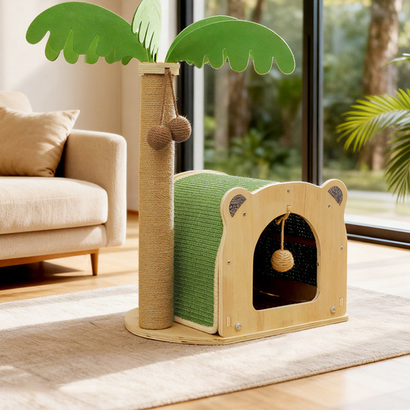 Traditional Rustic Multi-layer Board Sisal Rope Coconut Tree Cat Tower 1-Cabinet For Living Room