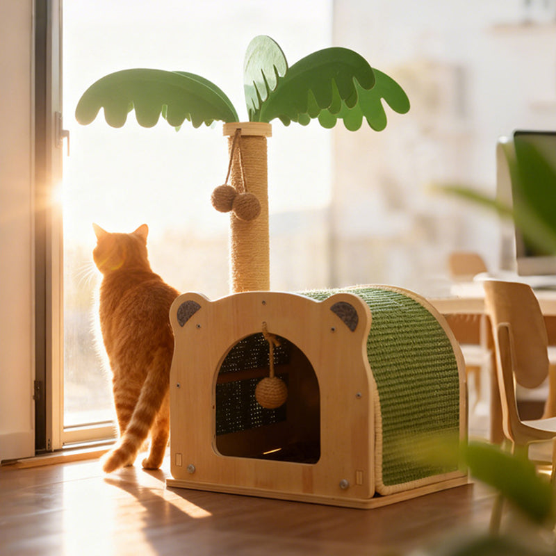 Traditional Rustic Multi-layer Board Sisal Rope Coconut Tree Cat Tower 1-Cabinet For Living Room