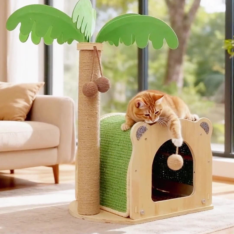 Traditional Rustic Multi-layer Board Sisal Rope Coconut Tree Cat Tower 1-Cabinet For Living Room