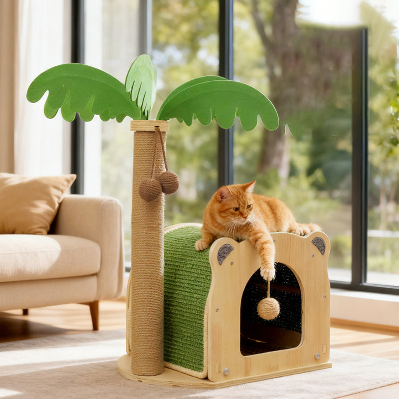 Traditional Rustic Multi-layer Board Sisal Rope Coconut Tree Cat Tower 1-Cabinet For Living Room