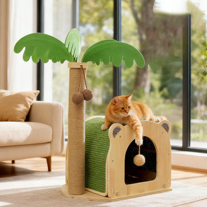 Traditional Rustic Multi-layer Board Sisal Rope Coconut Tree Cat Tower 1-Cabinet For Living Room