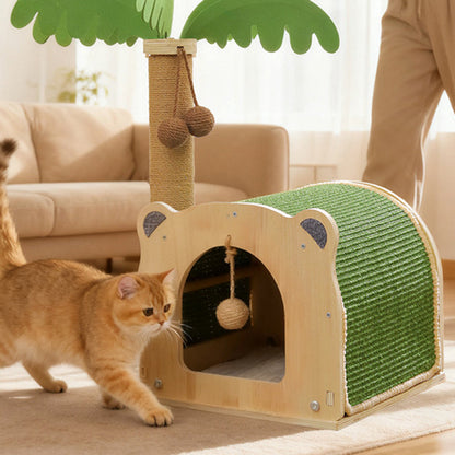 Traditional Rustic Multi-layer Board Sisal Rope Coconut Tree Cat Tower 1-Cabinet For Living Room