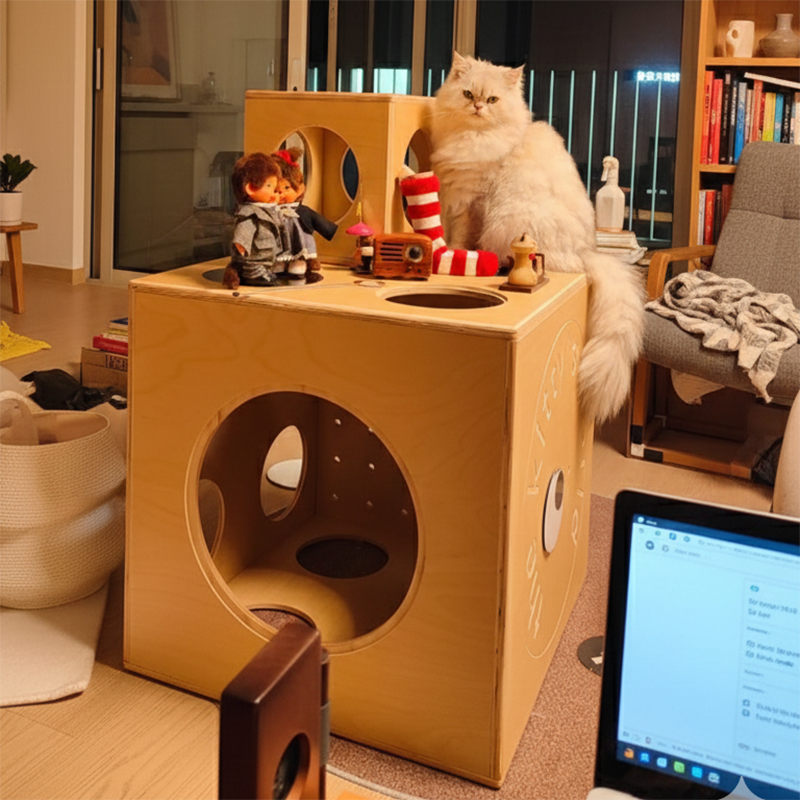 Modern Minimalist Solid Wood Multi-Layer Board Acrylic Square Cat Bed 1-Cabinet For Living Room