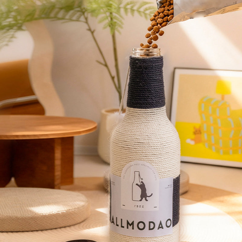 Modern Art Deco Wooden Board Sisal Rope Wine Bottle Cat Tower 1-Rotating Base For Living Room