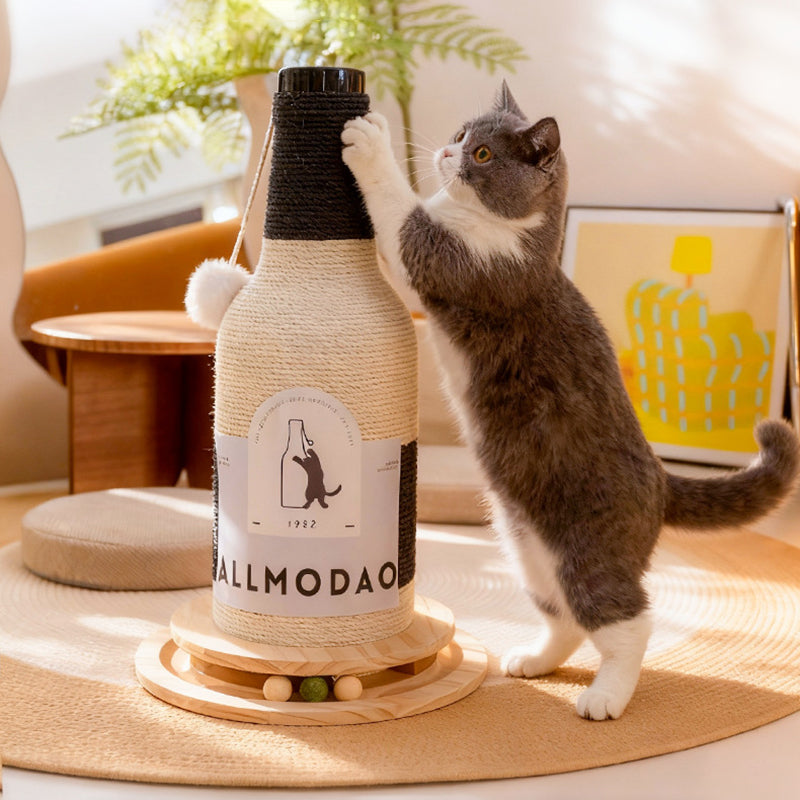 Modern Art Deco Wooden Board Sisal Rope Wine Bottle Cat Tower 1-Rotating Base For Living Room