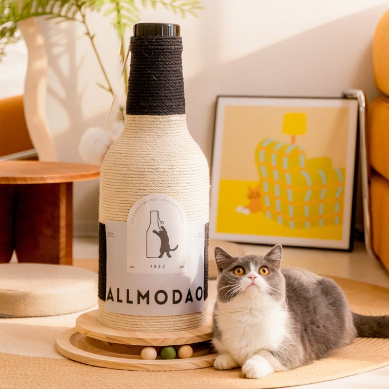 Modern Art Deco Wooden Board Sisal Rope Wine Bottle Cat Tower 1-Rotating Base For Living Room