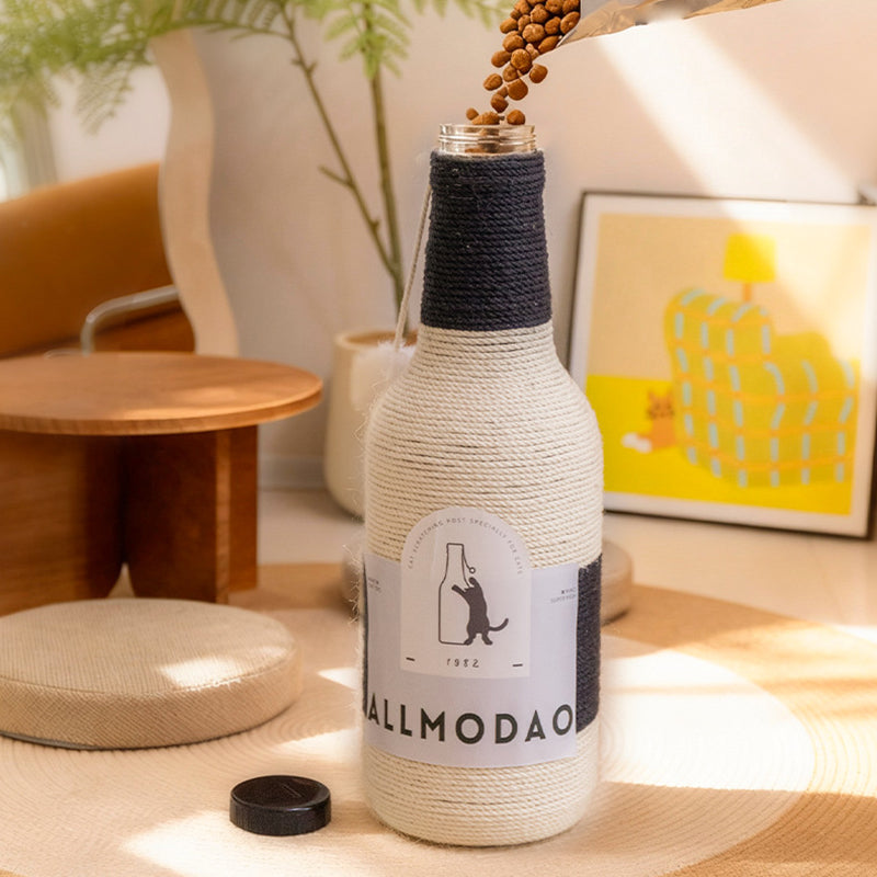 Modern Art Deco Wooden Board Sisal Rope Wine Bottle Cat Tower 1-Rotating Base For Living Room