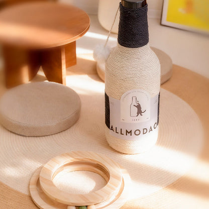 Modern Art Deco Wooden Board Sisal Rope Wine Bottle Cat Tower 1-Rotating Base For Living Room