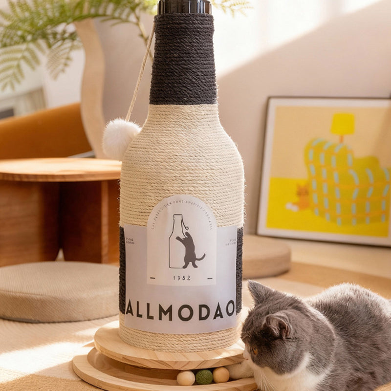 Modern Art Deco Wooden Board Sisal Rope Wine Bottle Cat Tower 1-Rotating Base For Living Room