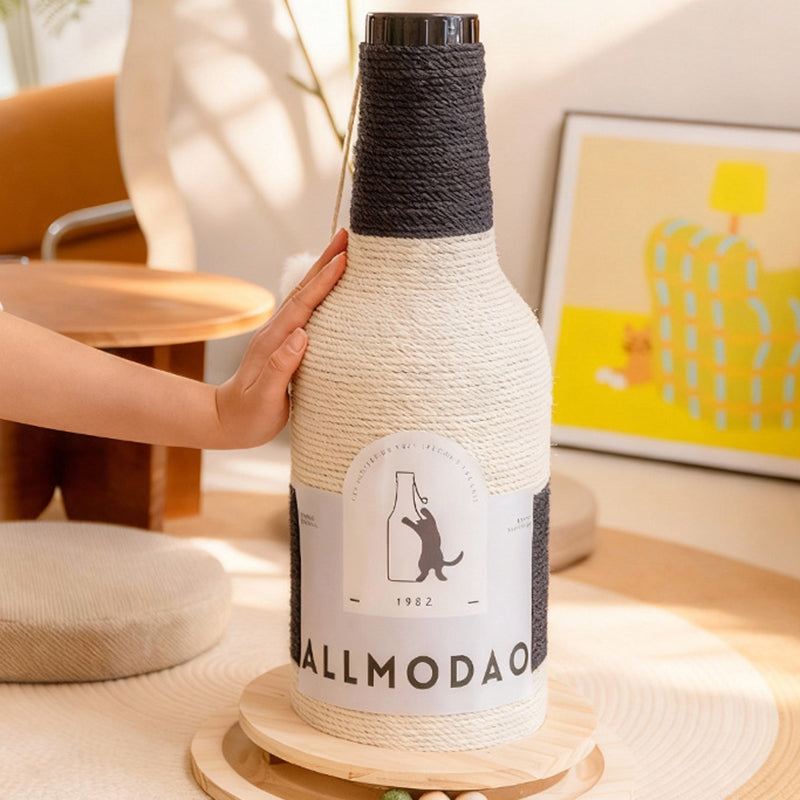 Modern Art Deco Wooden Board Sisal Rope Wine Bottle Cat Tower 1-Rotating Base For Living Room