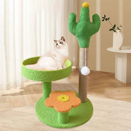 Traditional Rustic Sisal Rope MDF Fabric Cactus Scratching Cat Tower 3-Tier For Living Room