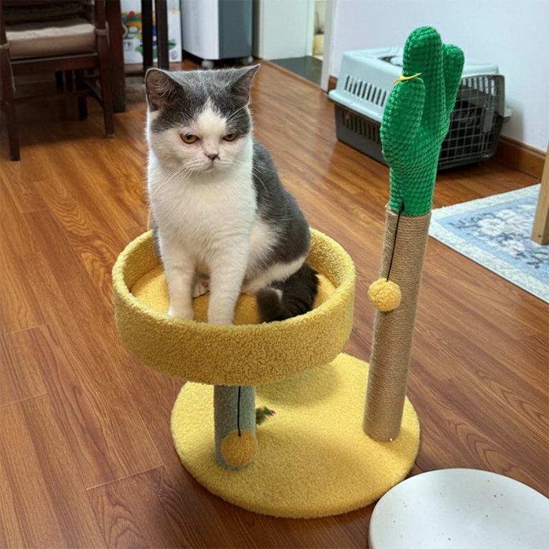 Traditional Rustic Sisal Rope MDF Fabric Cactus Scratching Cat Tower 3-Tier For Living Room