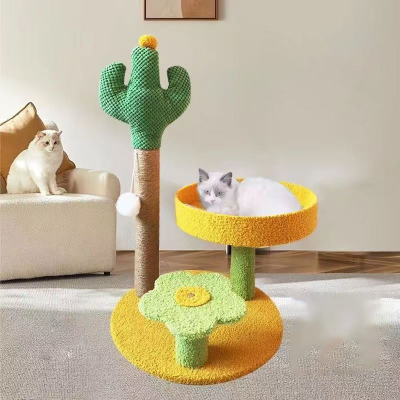 Traditional Rustic Sisal Rope MDF Fabric Cactus Scratching Cat Tower 3-Tier For Living Room