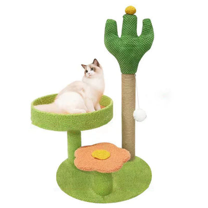 Traditional Rustic Sisal Rope MDF Fabric Cactus Scratching Cat Tower 3-Tier For Living Room