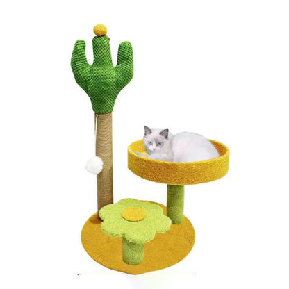 Traditional Rustic Sisal Rope MDF Fabric Cactus Scratching Cat Tower 3-Tier For Living Room