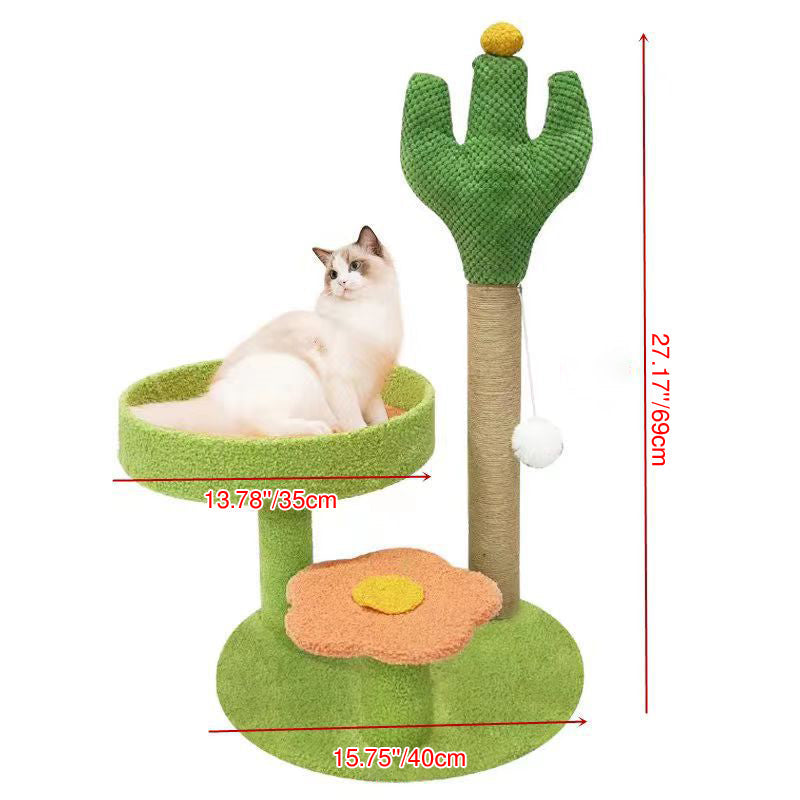 Traditional Rustic Sisal Rope MDF Fabric Cactus Scratching Cat Tower 3-Tier For Living Room