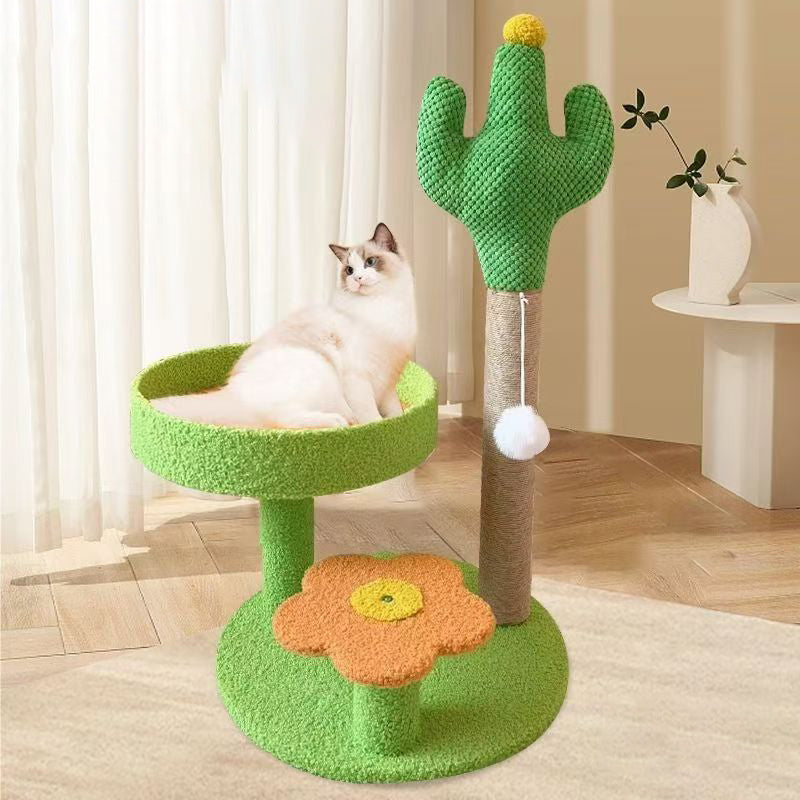 Traditional Rustic Sisal Rope MDF Fabric Cactus Scratching Cat Tower 3-Tier For Living Room