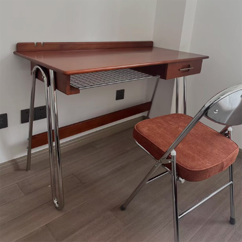 Traditional Vintage Boxwood Solid Wood Multi-Layer Board Stainless Steel Rectangular Desk 1-Drawer For Home Office