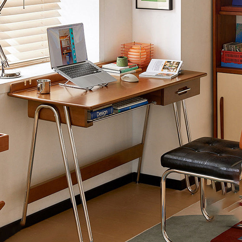 Traditional Vintage Boxwood Solid Wood Multi-Layer Board Stainless Steel Rectangular Desk 1-Drawer For Home Office