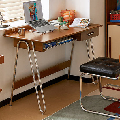 Traditional Vintage Boxwood Solid Wood Multi-Layer Board Stainless Steel Rectangular Desk 1-Drawer For Home Office