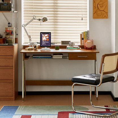 Traditional Vintage Boxwood Solid Wood Multi-Layer Board Stainless Steel Rectangular Desk 1-Drawer For Home Office