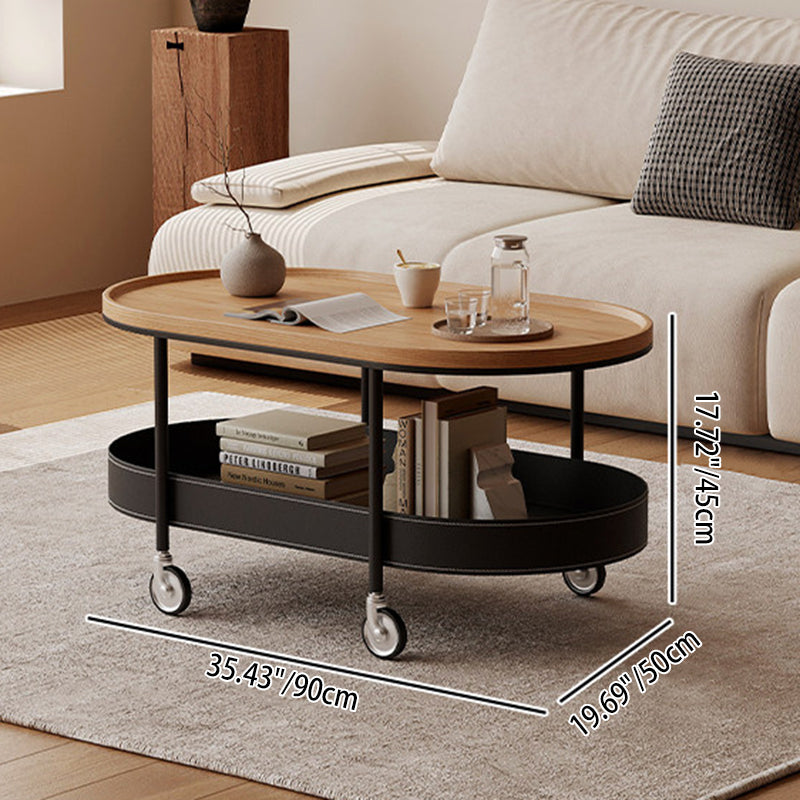 Contemporary Scandinavian Oval Iron Stainless Steel Saddle Leather PVC Panel Movable Coffee Table 2-Tier For Living Room