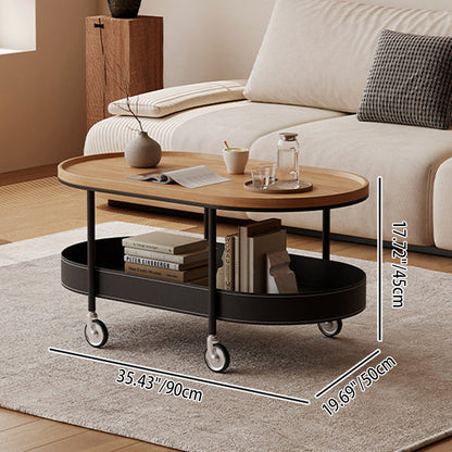 Contemporary Scandinavian Oval Iron Stainless Steel Saddle Leather PVC Panel Movable Coffee Table 2-Tier For Living Room