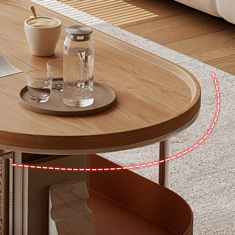 Contemporary Scandinavian Oval Iron Stainless Steel Saddle Leather PVC Panel Movable Coffee Table 2-Tier For Living Room